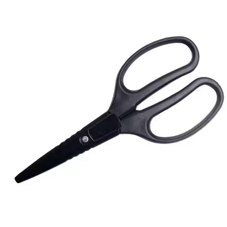 Black plastic utility scissors with a textured grip handle and a silver metal pivot screw, shown on a plain white background.